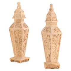 Pair of Painted and Carved Asian Urns With Lids