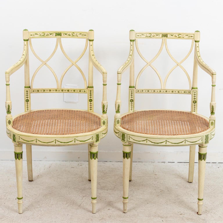 Regency Pair of Painted and Decorated Armchairs with Caned Seats For Sale
