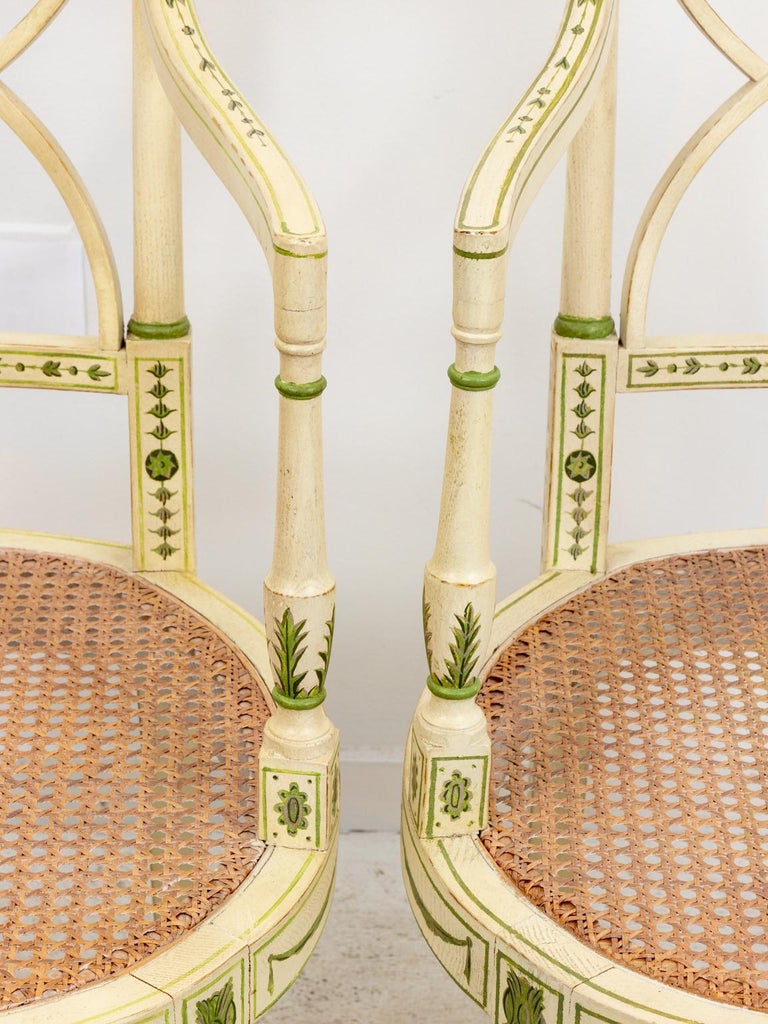 Pair of Painted and Decorated Armchairs with Caned Seats In Good Condition For Sale In Stamford, CT