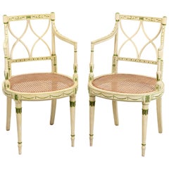 Pair of Painted and Decorated Armchairs with Caned Seats