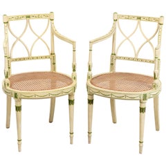 Pair of Painted and Decorated Armchairs with Caned Seats