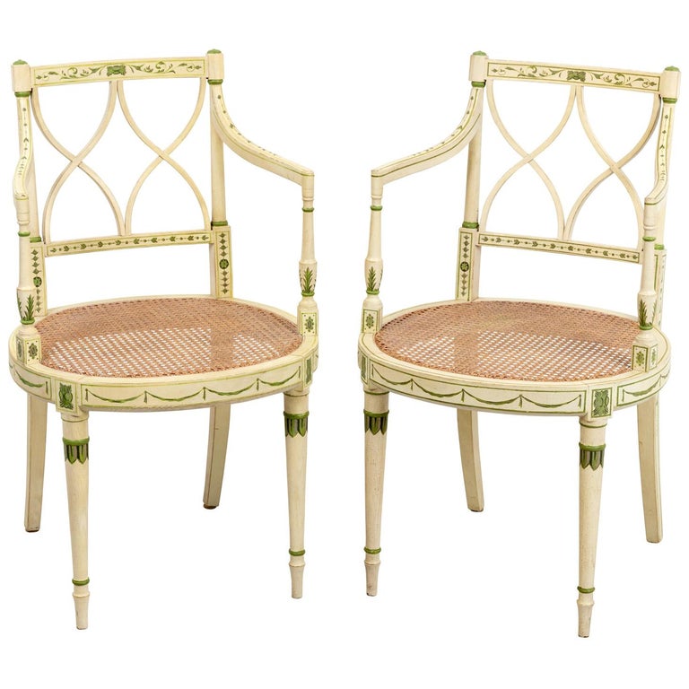 Pair of Painted and Decorated Armchairs with Caned Seats For Sale