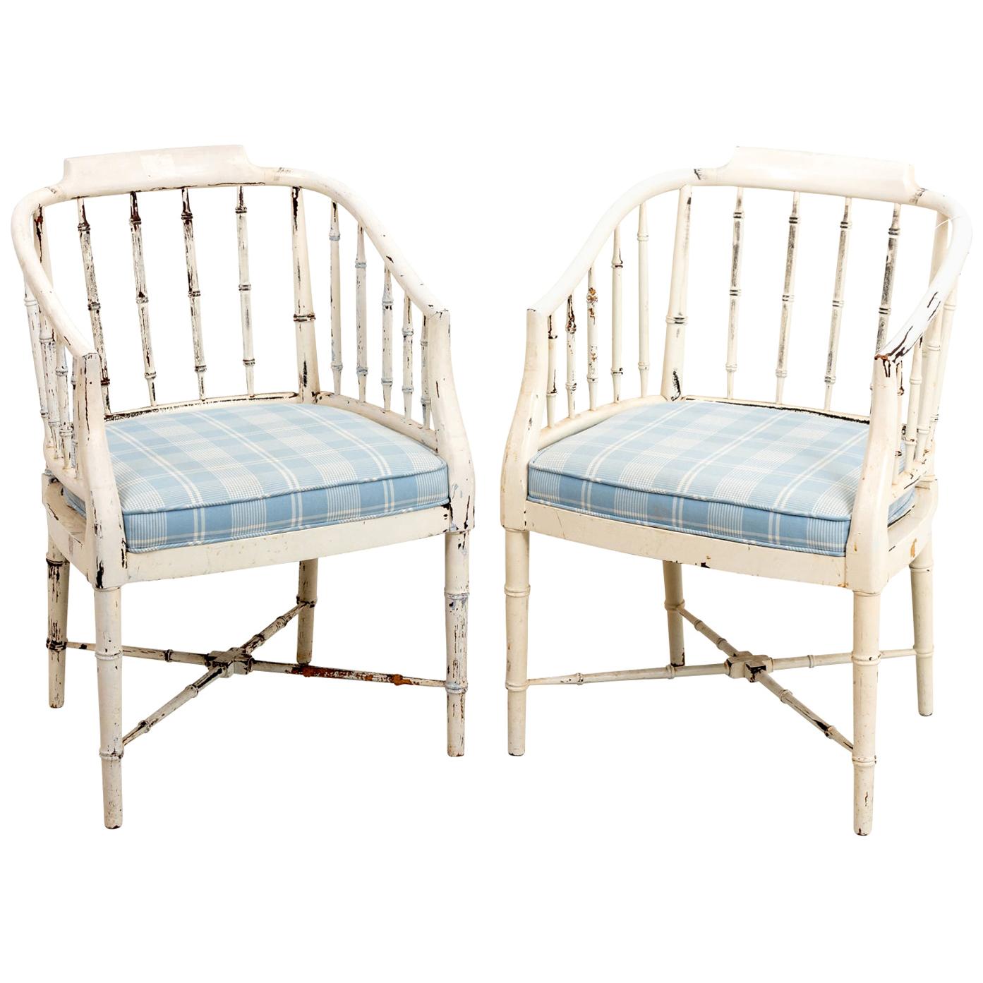 Pair of Painted and Decorated Faux Bamboo Armchairs
