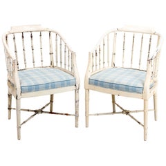 Pair of Painted and Decorated Faux Bamboo Armchairs