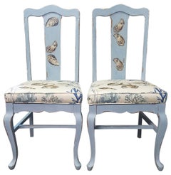 Pair of Painted and Decoupage Antique Chairs in Light Blue