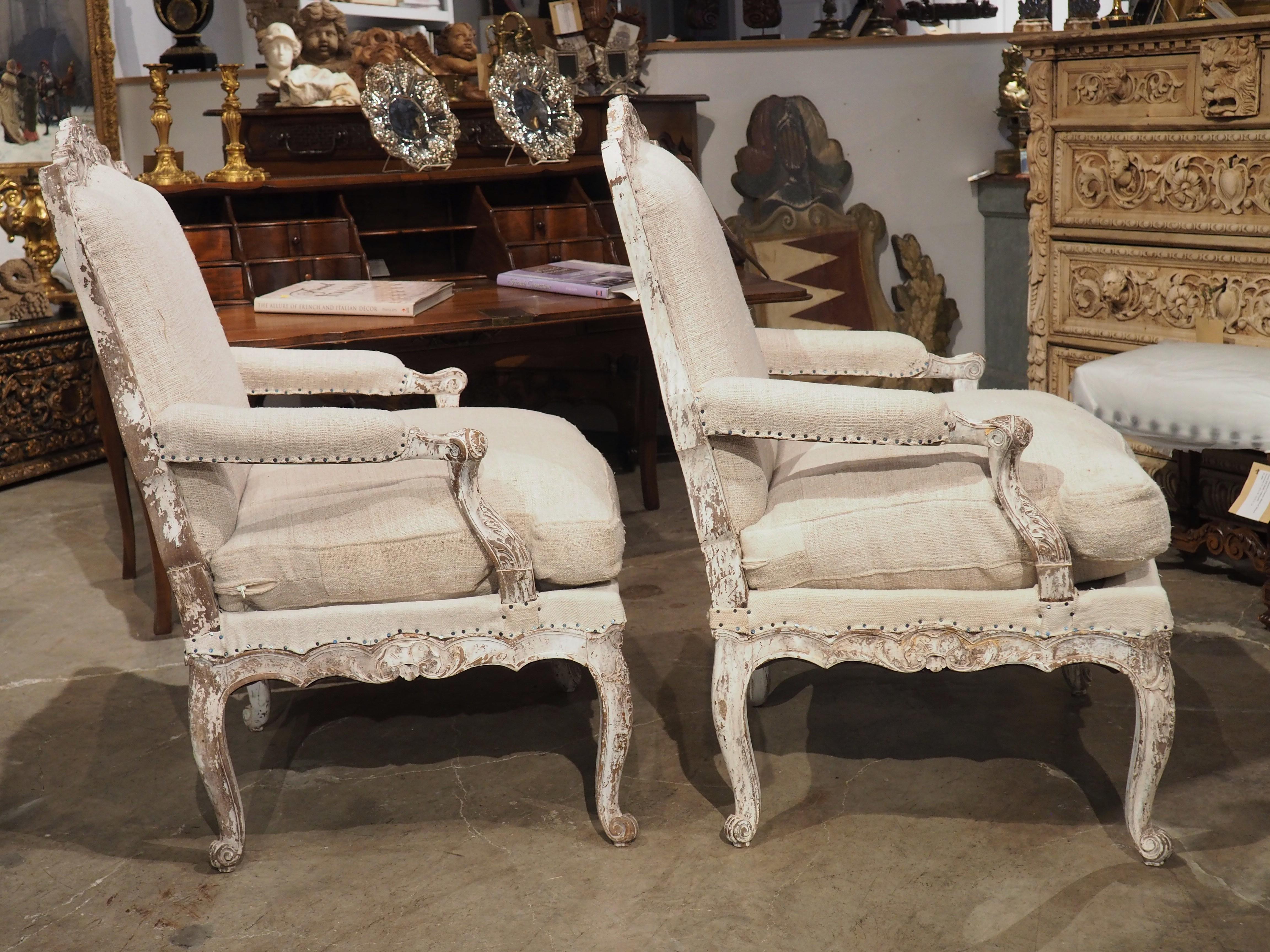 Pair of Painted and Distressed French Regence Style Fauteuil Armchairs, C. 1915 3