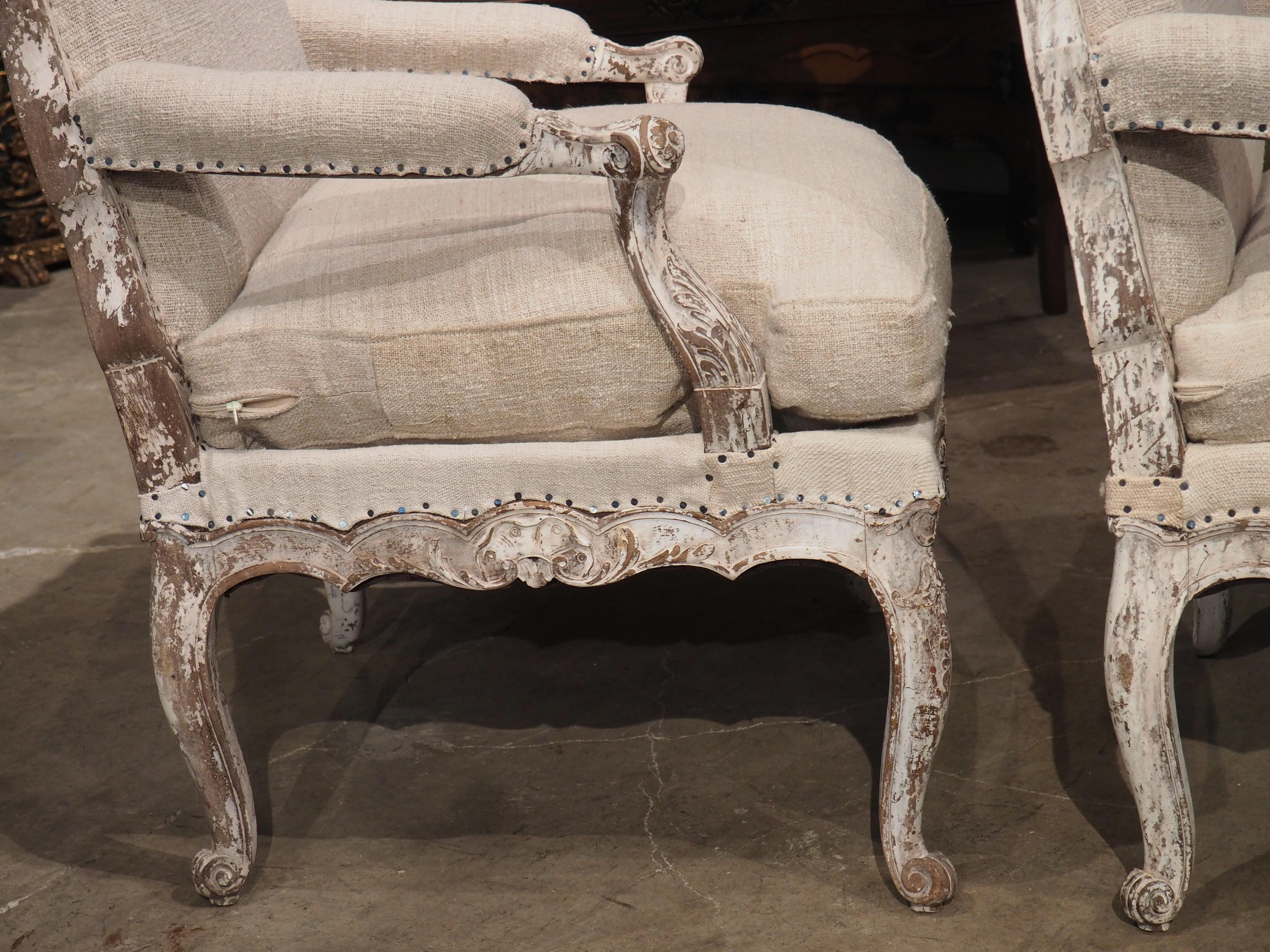 Pair of Painted and Distressed French Regence Style Fauteuil Armchairs, C. 1915 4