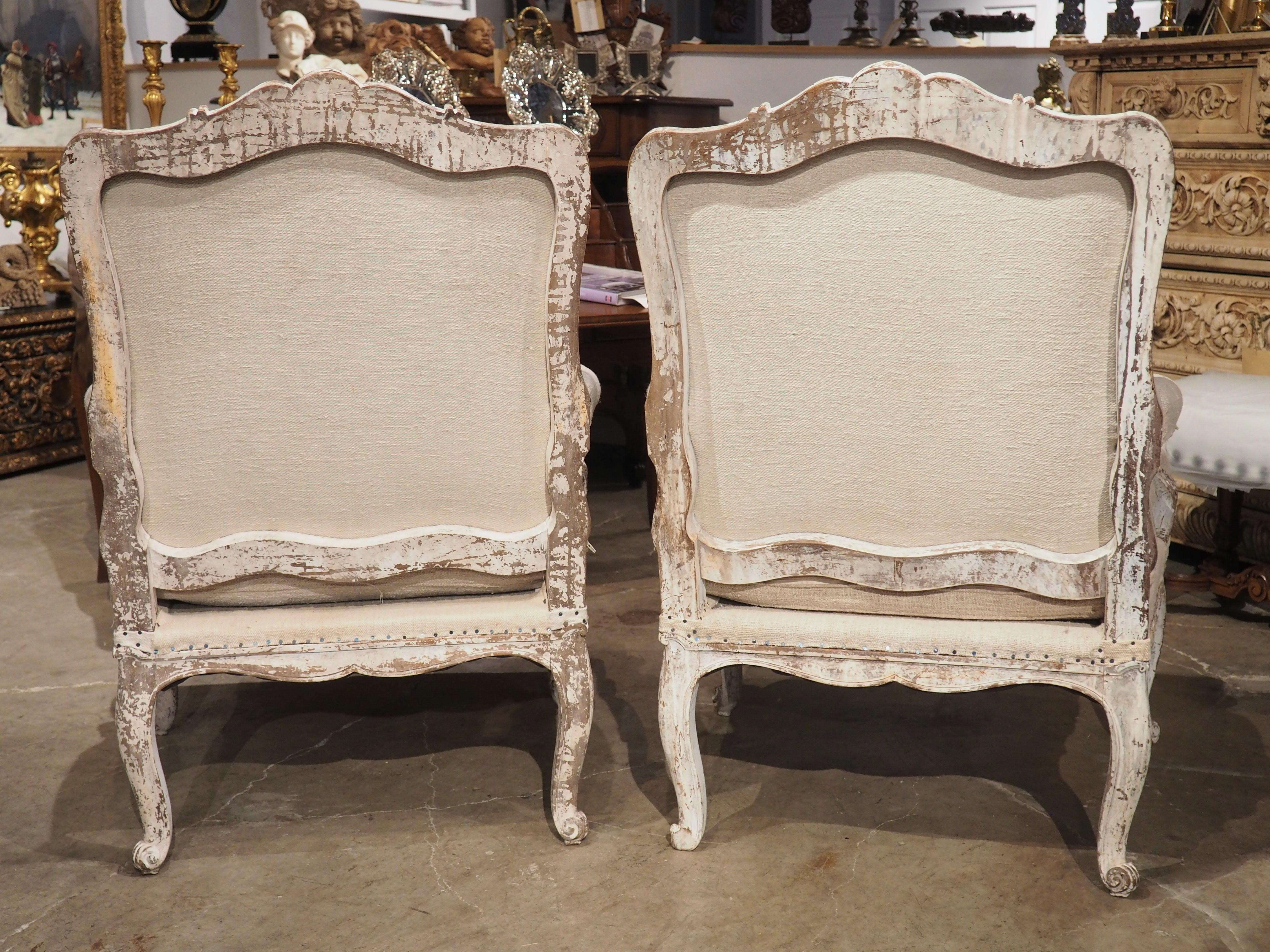 Pair of Painted and Distressed French Regence Style Fauteuil Armchairs, C. 1915 8