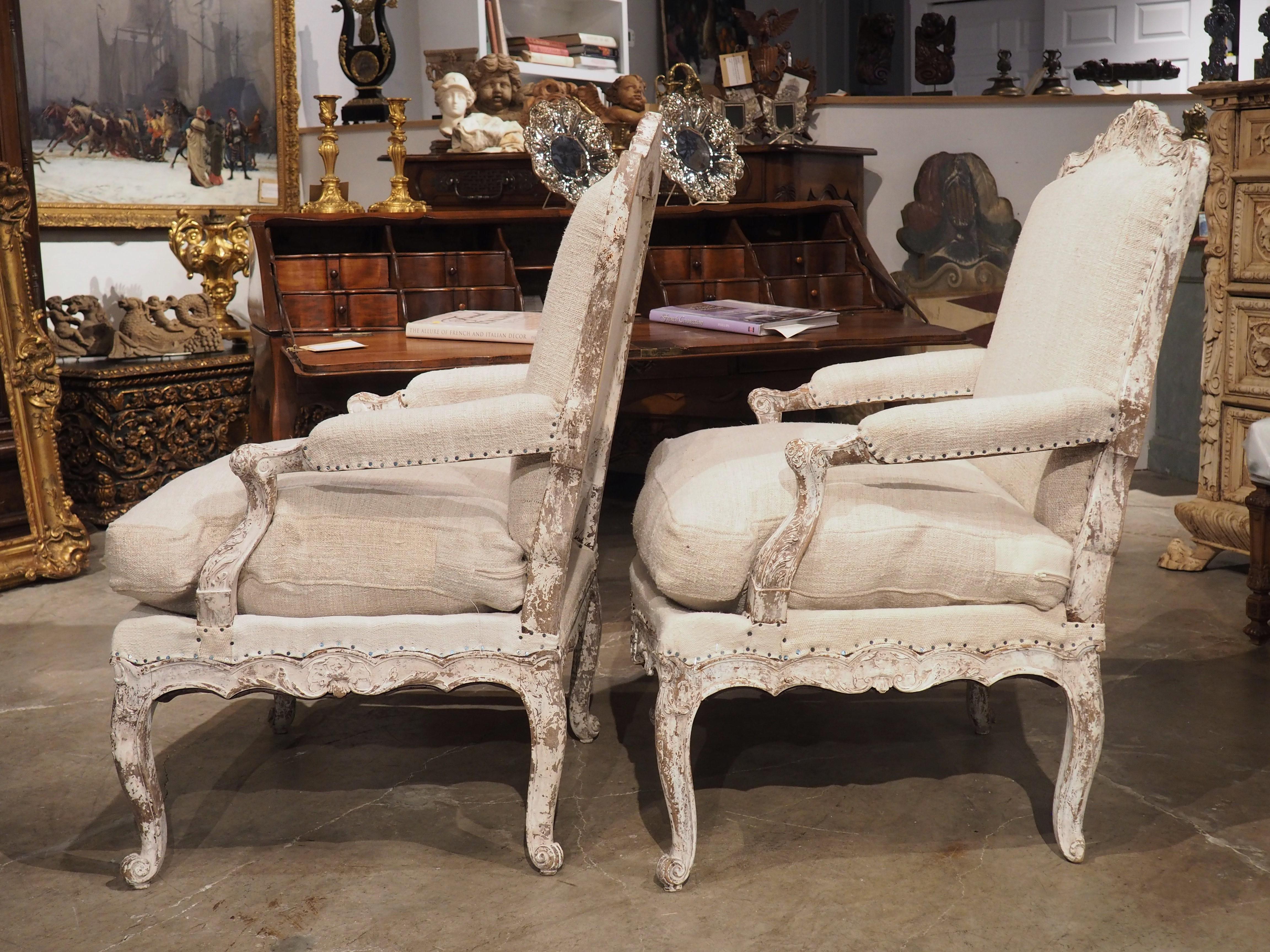 Pair of Painted and Distressed French Regence Style Fauteuil Armchairs, C. 1915 9