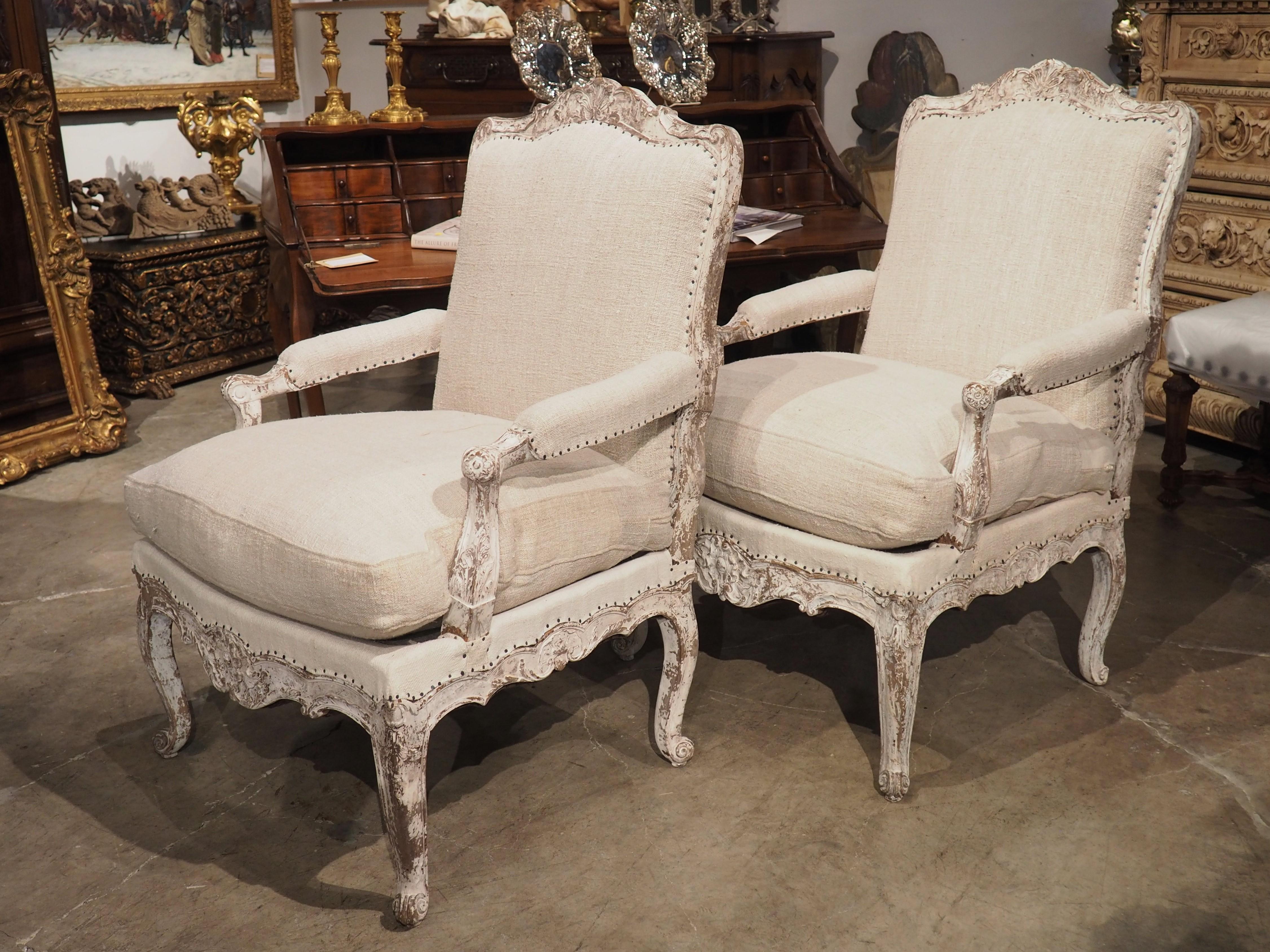 Pair of Painted and Distressed French Regence Style Fauteuil Armchairs, C. 1915 10