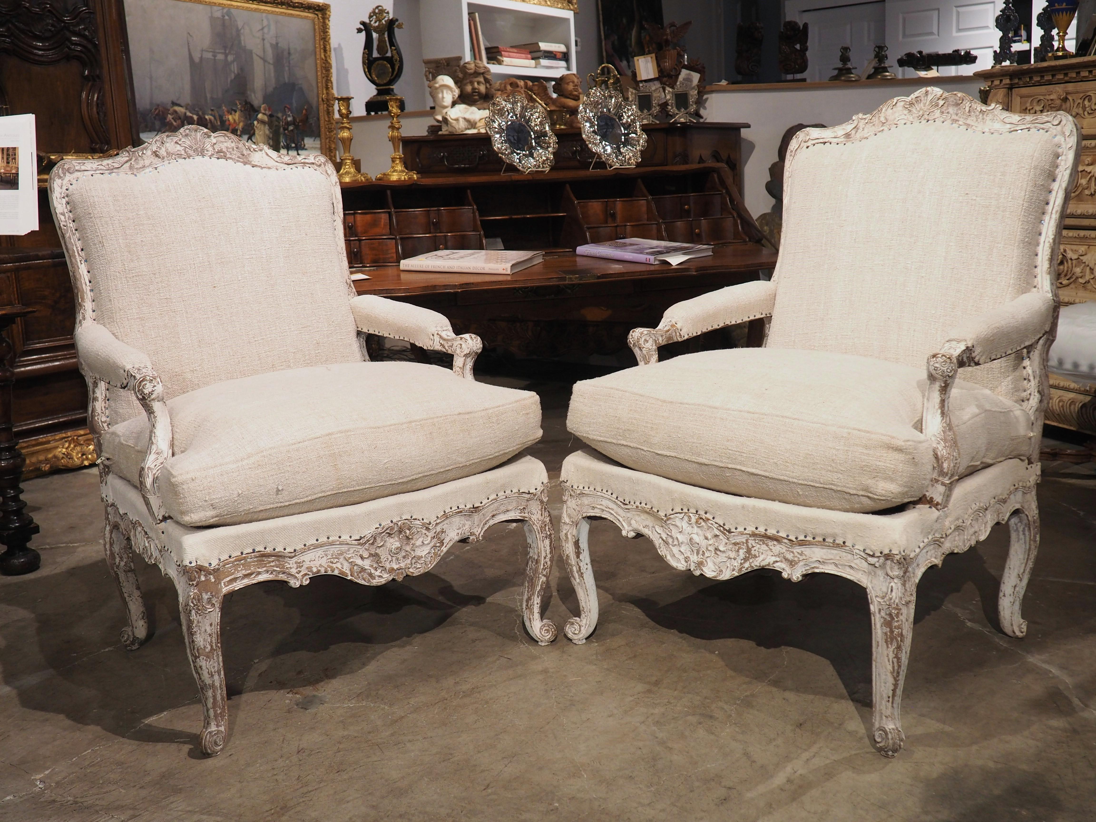 Pair of Painted and Distressed French Regence Style Fauteuil Armchairs, C. 1915 11