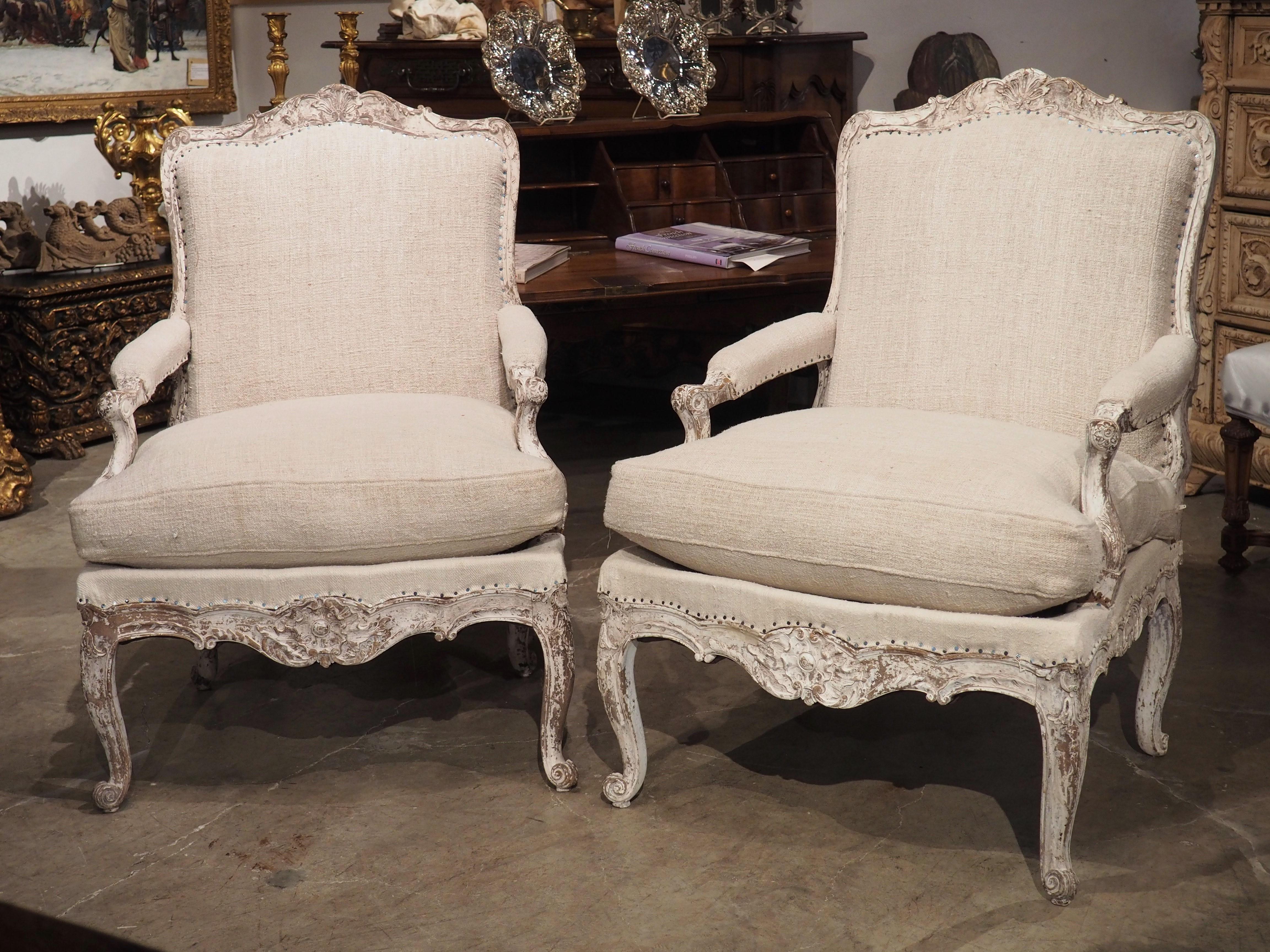 Pair of Painted and Distressed French Regence Style Fauteuil Armchairs, C. 1915 12
