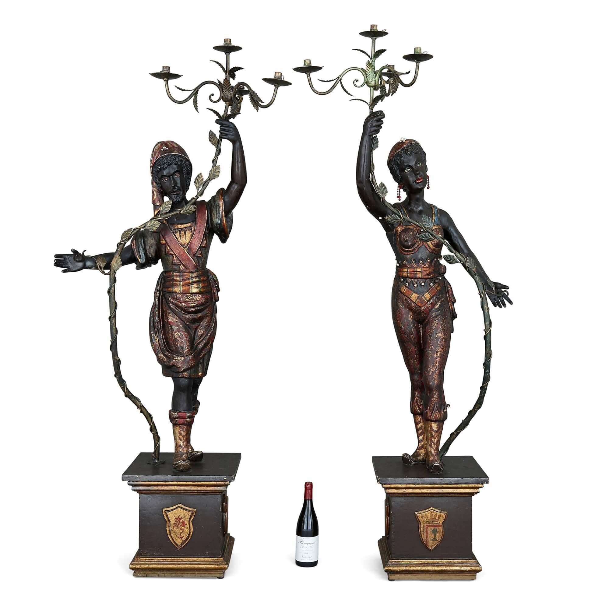 Pair of Painted and Ebonised Wood Floor-Standing Figurative Candelabra For Sale 4
