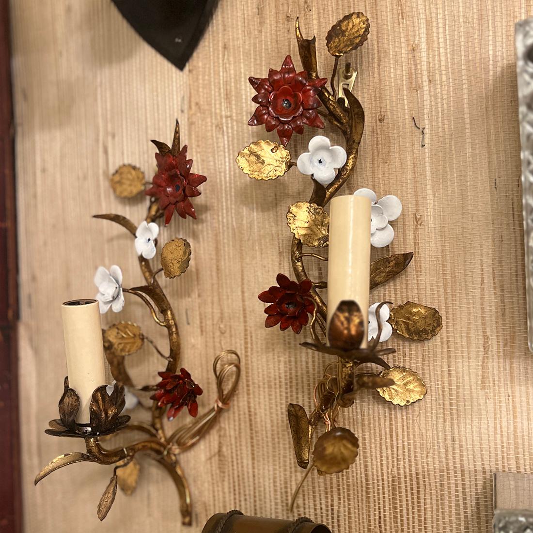 Metal Pair of Painted and Gilt Sconces For Sale