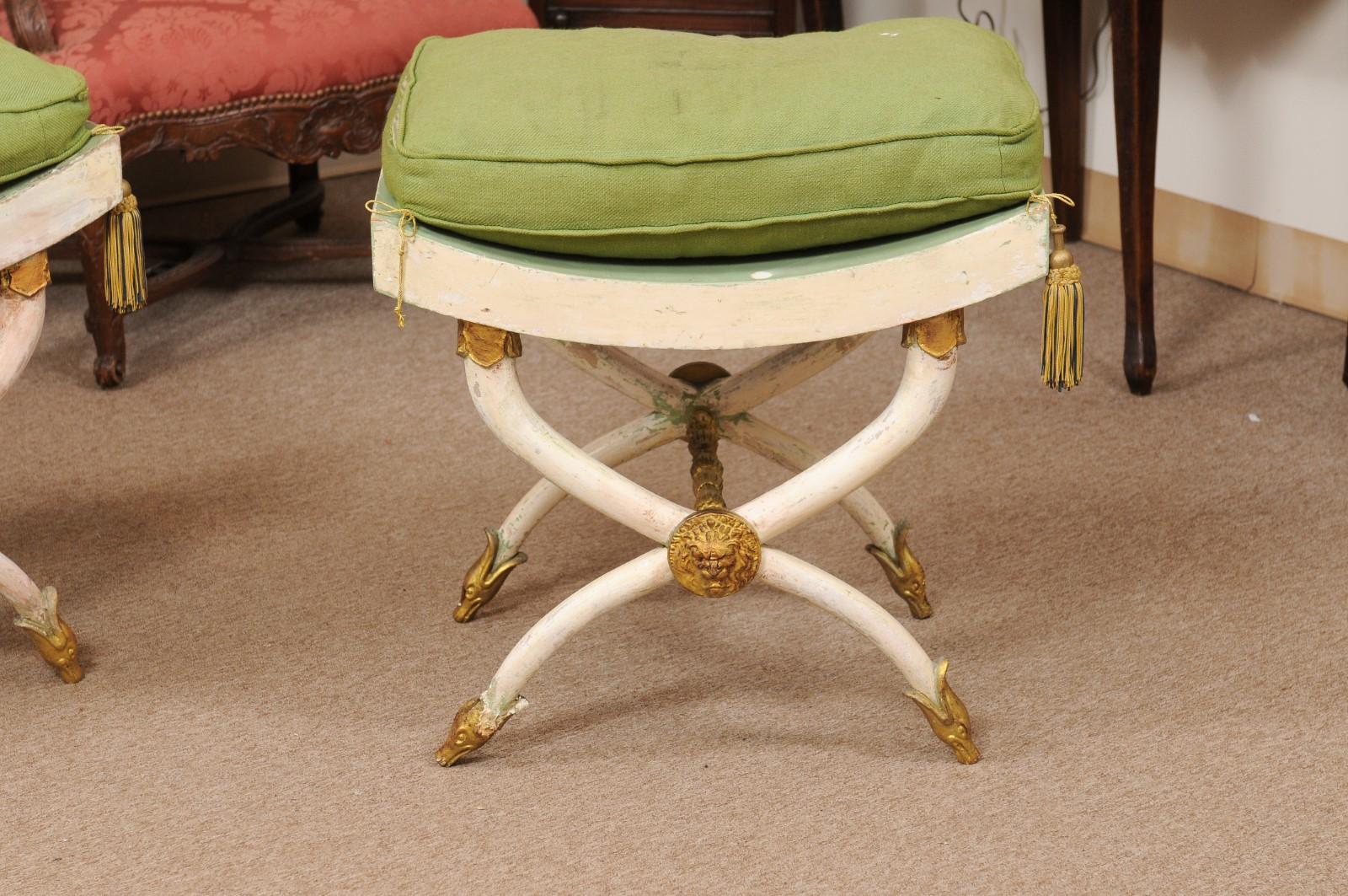 Pair of Painted and Parcel Gilt Horn Leg Benches with Saddle Seats, Italy  For Sale 4