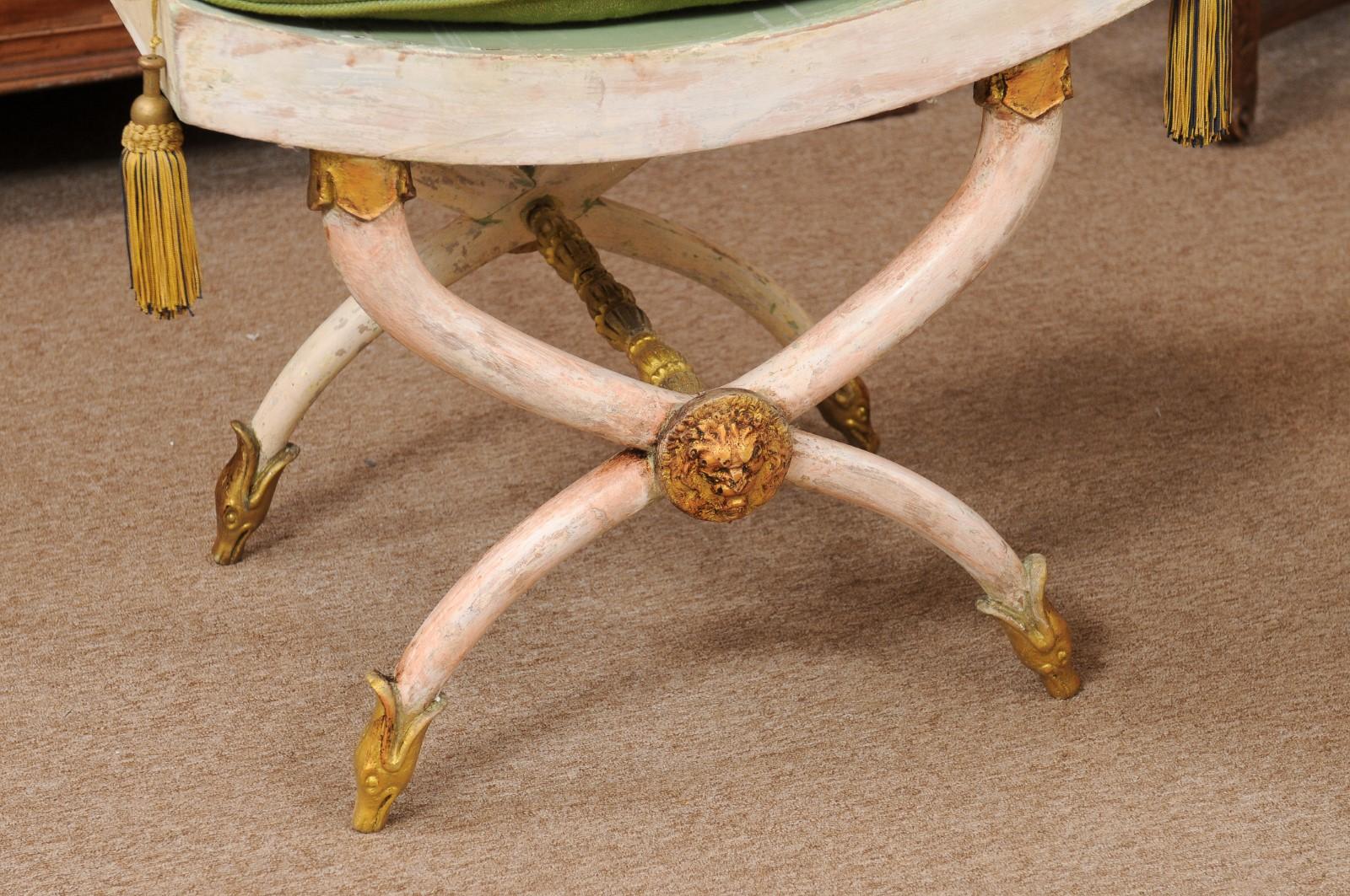 Pair of Painted and Parcel Gilt Horn Leg Benches with Saddle Seats, Italy  For Sale 5