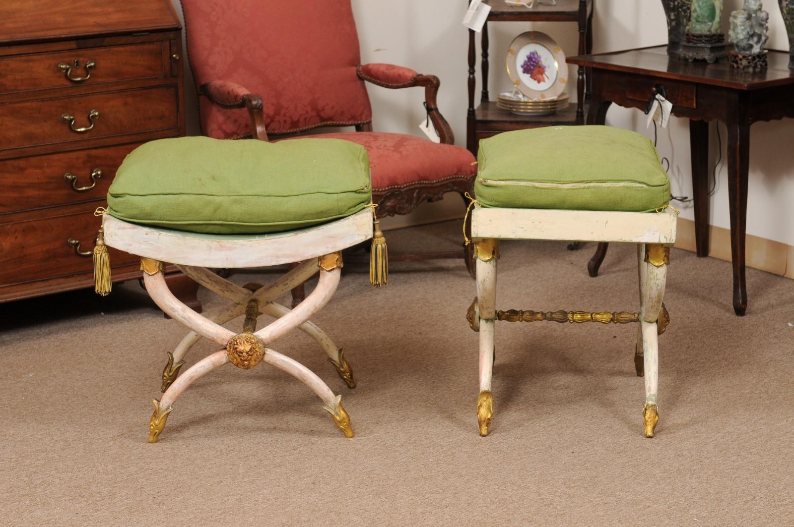 Pair of Painted and Parcel Gilt Horn Leg Benches with Saddle Seats, Italy  For Sale 6