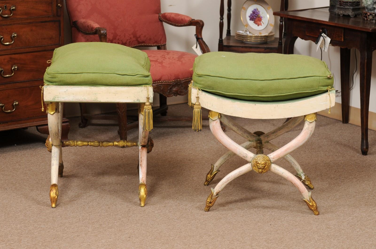 Pair of Painted and Parcel Gilt Horn Leg Benches with Saddle Seats, Italy ca. 1920 (No Cushions)
