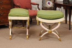 Pair of Painted and Parcel Gilt Horn Leg Benches with Saddle Seats, Italy