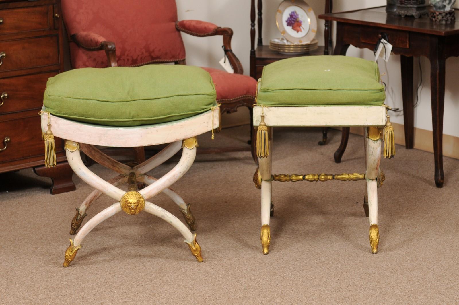 Italian Pair of Painted and Parcel Gilt Horn Leg Benches with Saddle Seats, Italy  For Sale