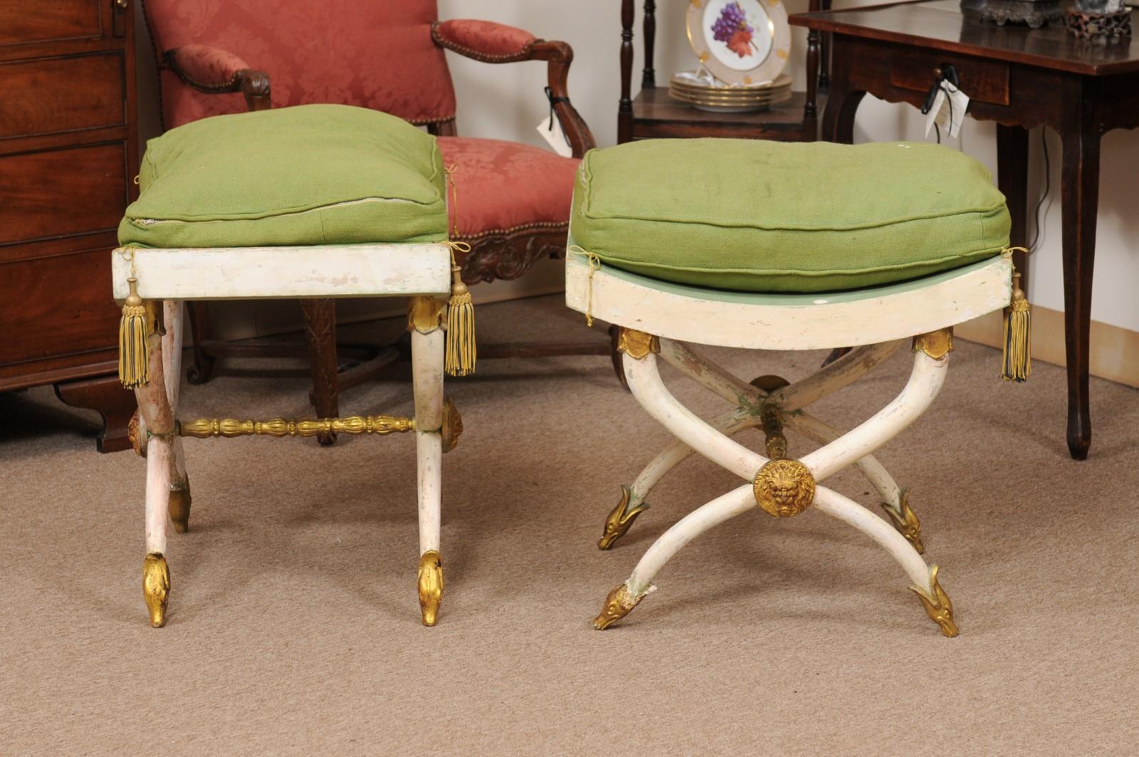 Pair of Painted and Parcel Gilt Horn Leg Benches with Saddle Seats, Italy  In Good Condition For Sale In Atlanta, GA
