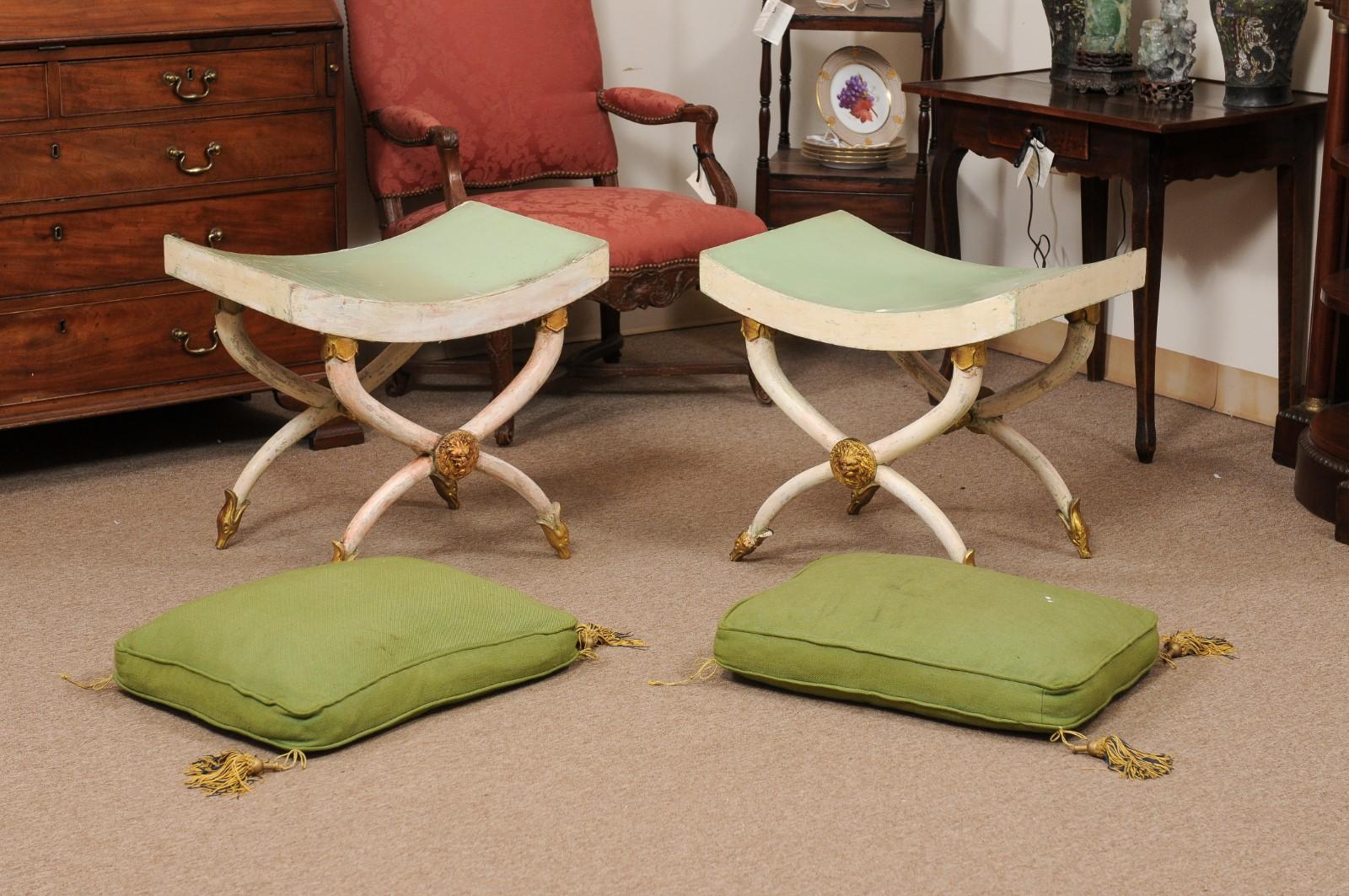 20th Century Pair of Painted and Parcel Gilt Horn Leg Benches with Saddle Seats, Italy  For Sale