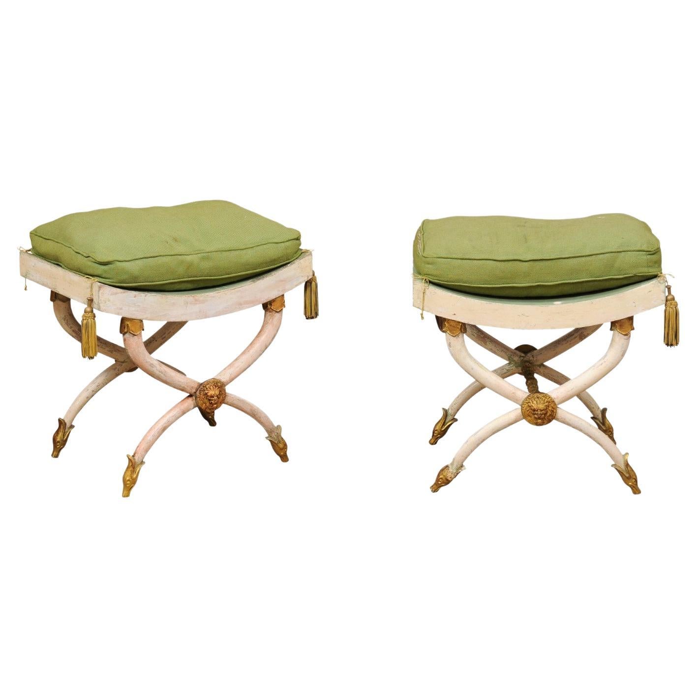 Pair of Painted and Parcel Gilt Horn Leg Benches with Saddle Seats, Italy  For Sale