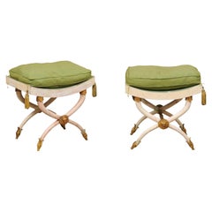 Pair of Painted and Parcel Gilt Horn Leg Benches with Saddle Seats, Italy 