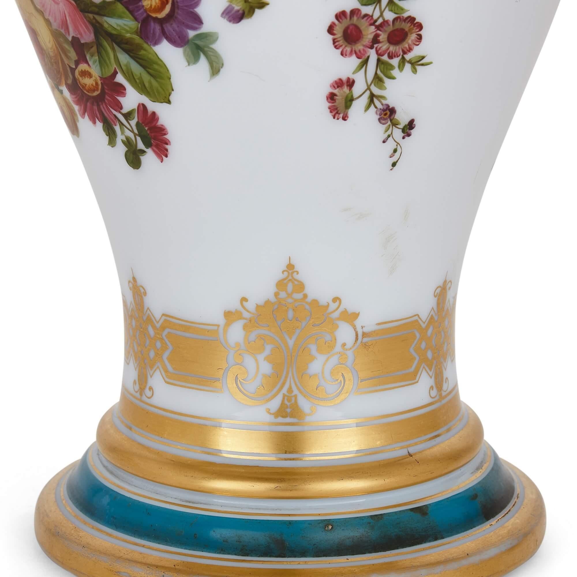 19th Century Pair of Painted and Parcel Gilt Opaline Glass Vases by Baccarat For Sale