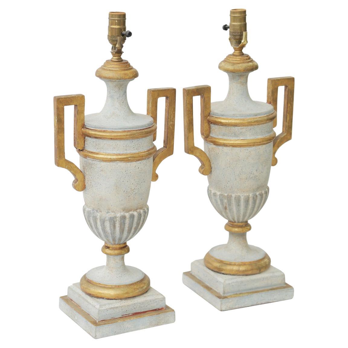 Pair of Painted and Parcel Gilt Urn Form Italian Lamps For Sale