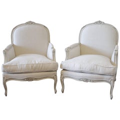 Pair of Painted and Upholstered French Louis XV Style Bergère Chairs