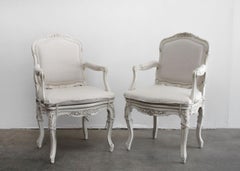 Pair of Painted and Upholstered Louis XV Style Arm Dining Room Chairs