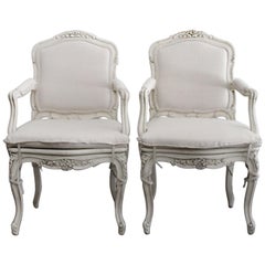 Pair of Painted and Upholstered Louis XV Style Arm Dining Room Chairs