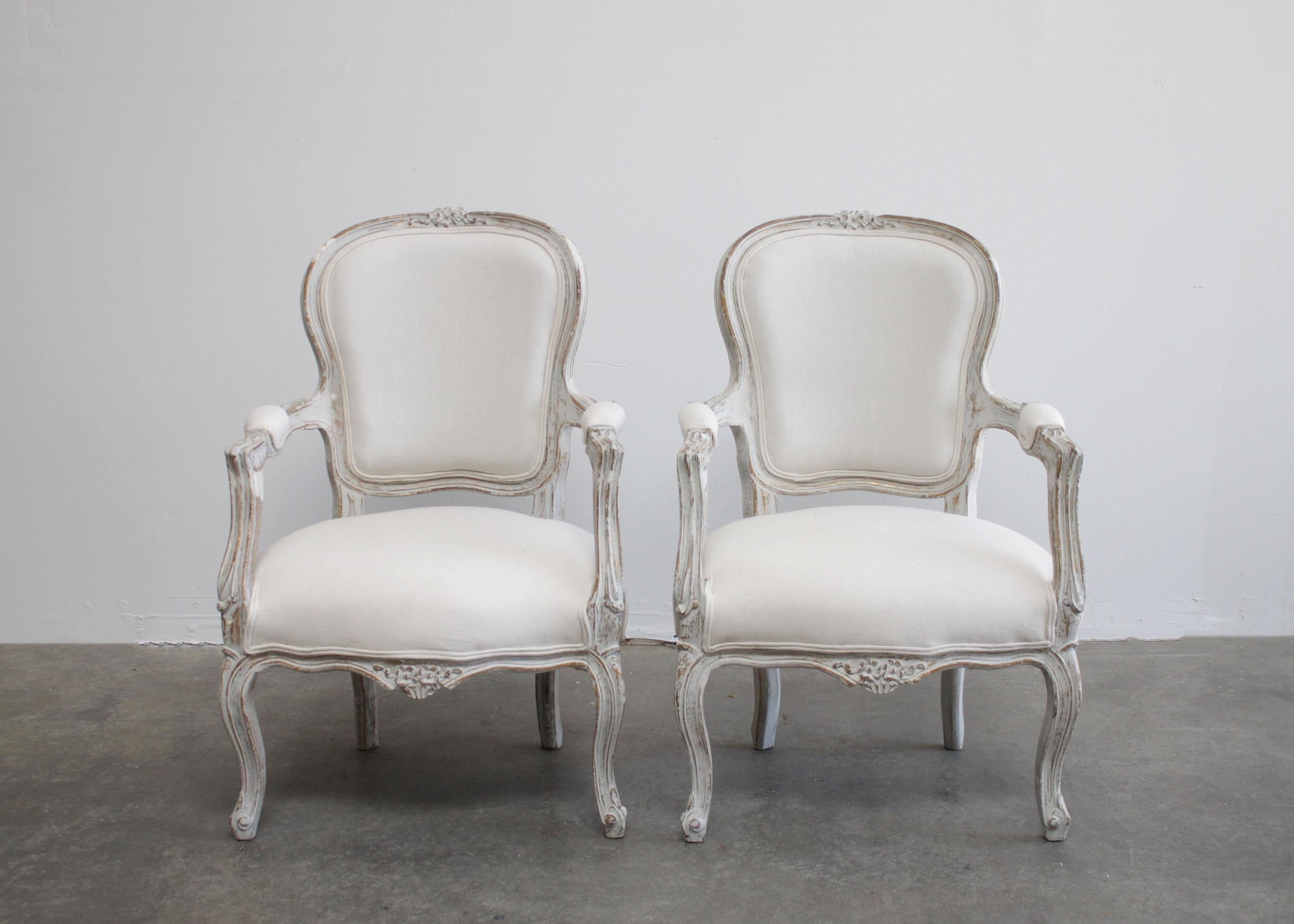 Linen Pair of Painted and Upholstered Louis XV Style Open Armchairs