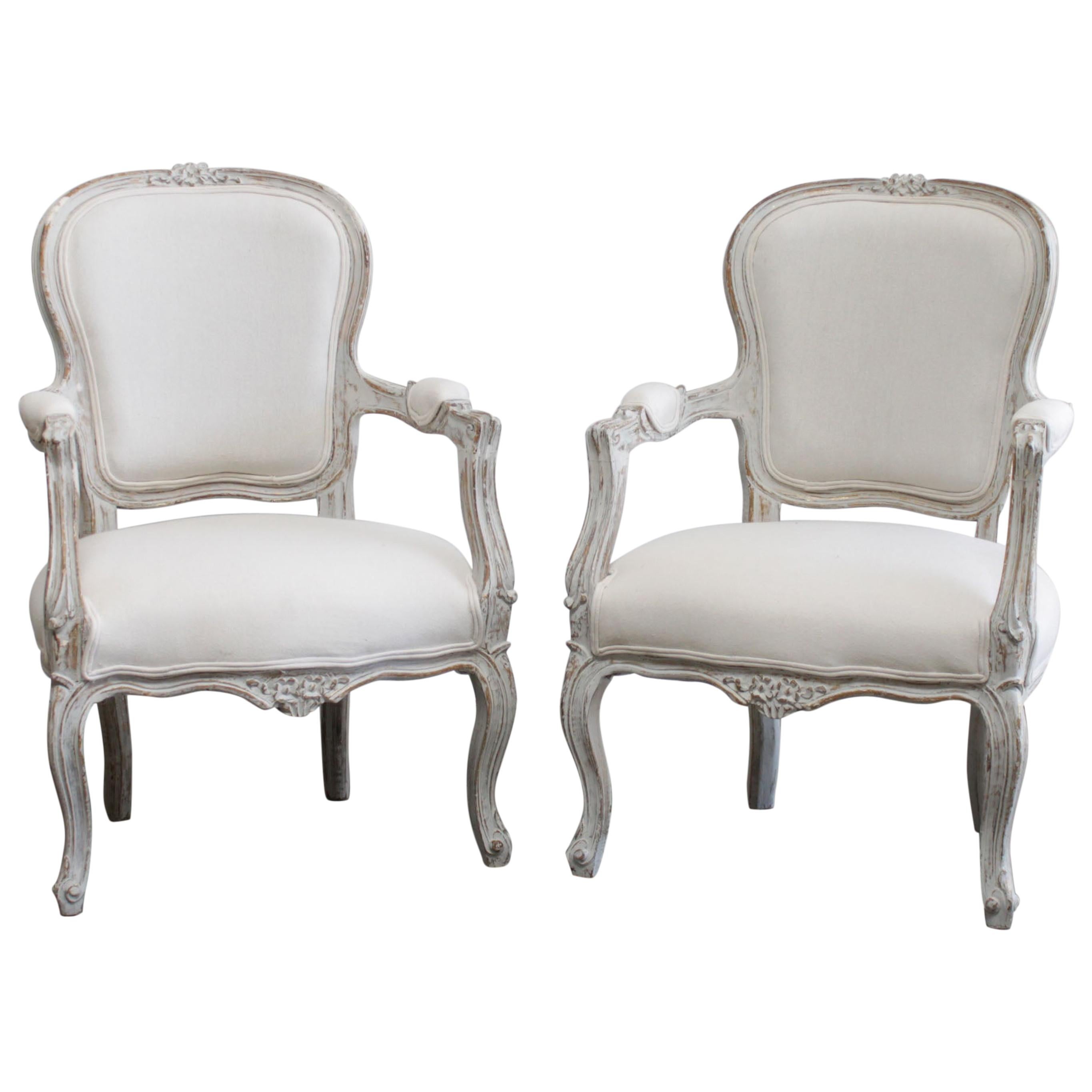 Pair of Painted and Upholstered Louis XV Style Open Armchairs