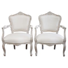 Pair of Painted and Upholstered Louis XV Style Open Armchairs