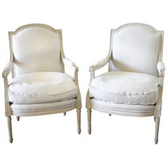 Pair of Painted and Upholstered Louis XVI Style Arm Chairs in Natural Linen