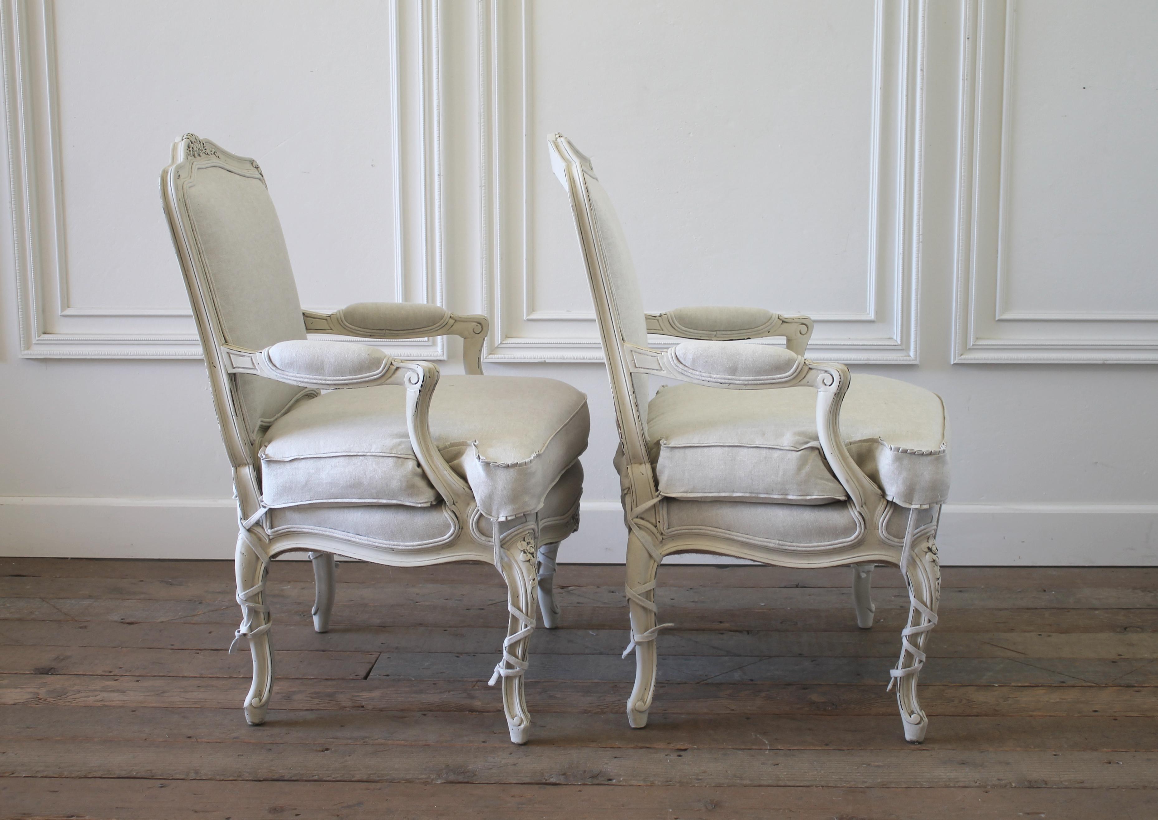 Pair of Painted and Upholstered Louis XVI Style Bergère Chairs in Natural Linen 5