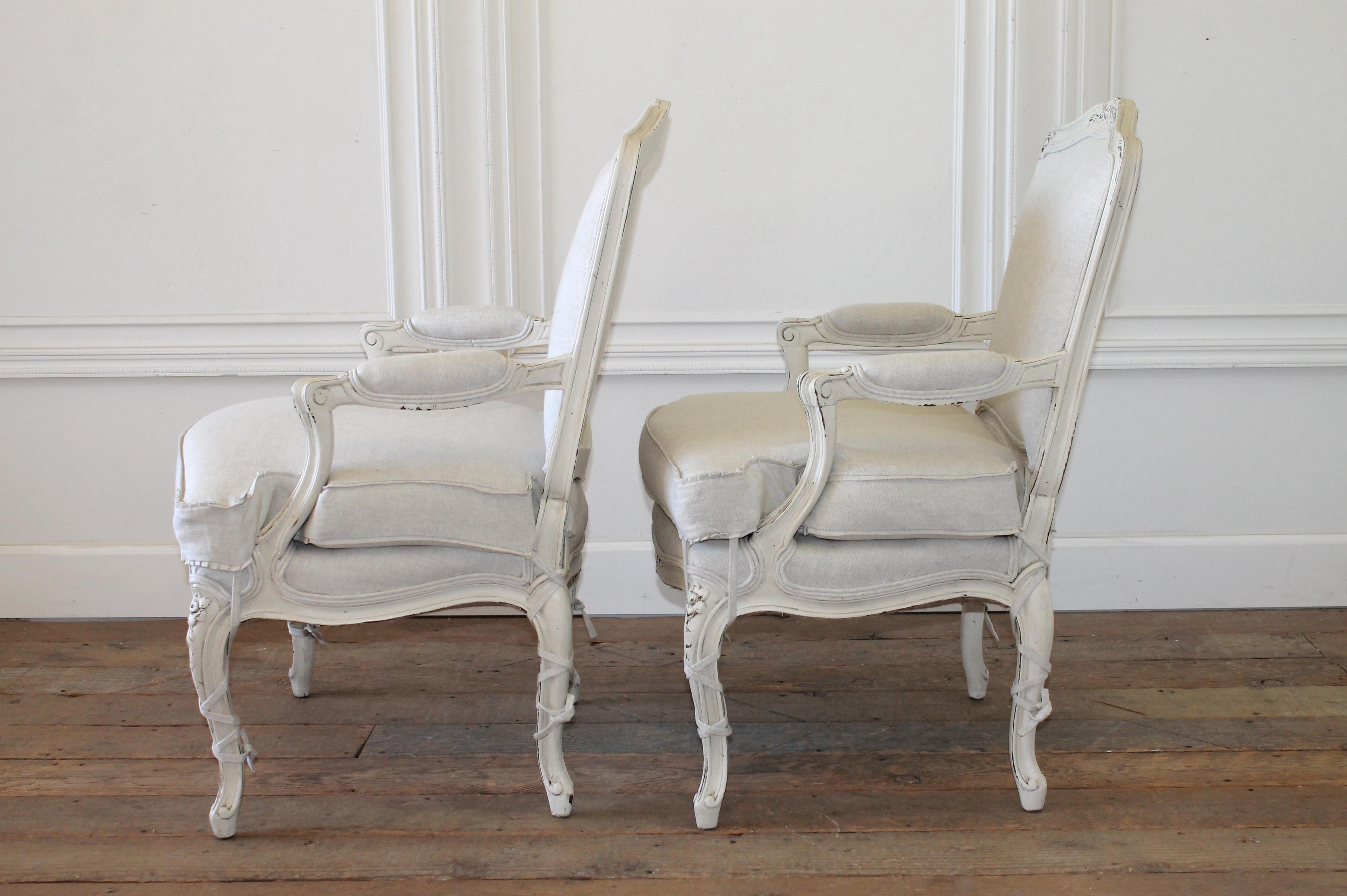 Pair of Painted and Upholstered Louis XVI Style Bergère Chairs in Natural Linen 7