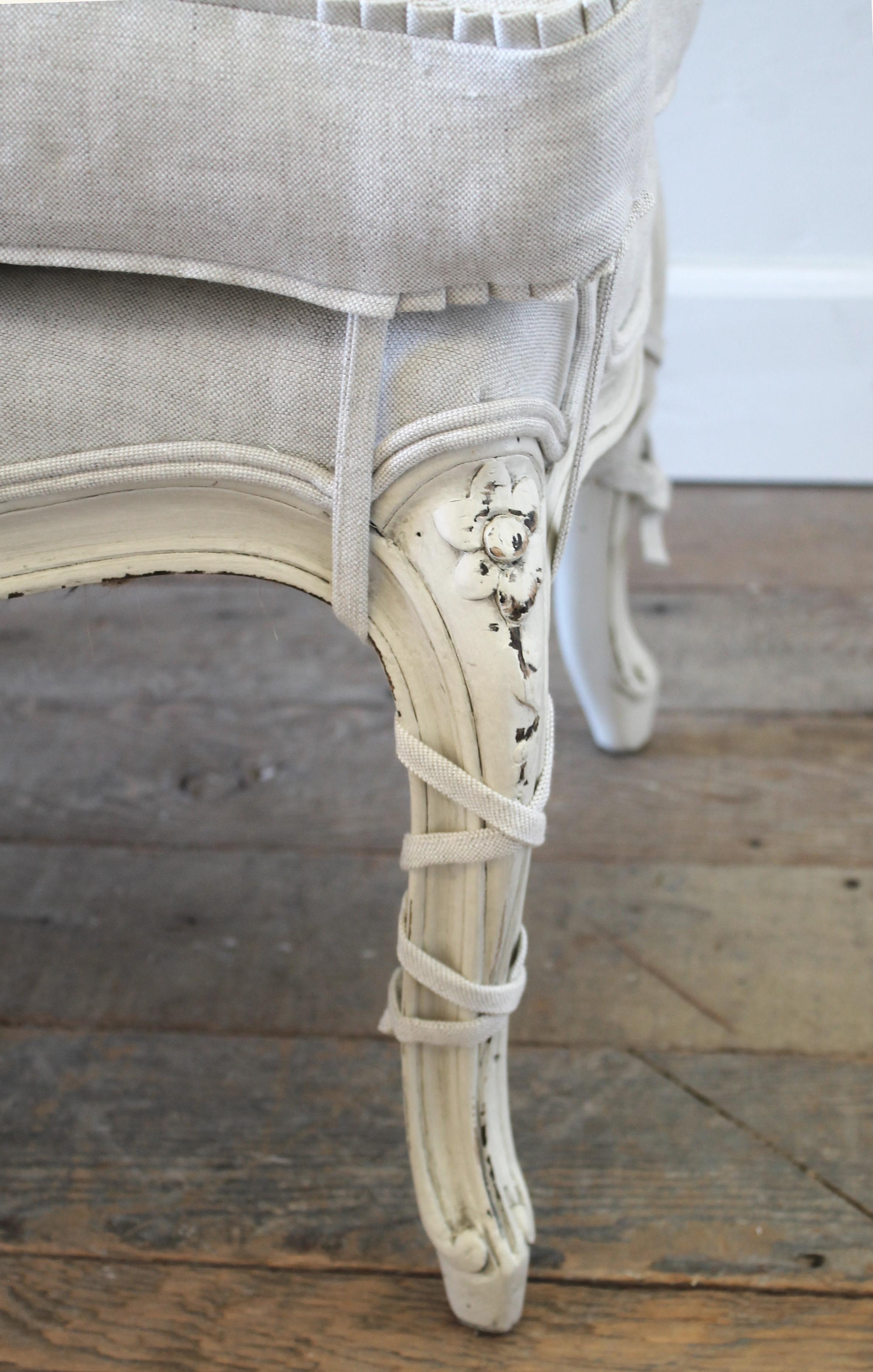 Pair of Painted and Upholstered Louis XVI Style Bergère Chairs in Natural Linen 2