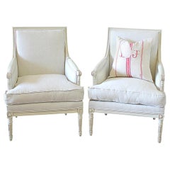 Pair of Painted and Upholstered Louis XVI Style Bergere Chairs in Natural Linen