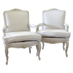 Pair of Painted and Upholstered Louis XVI Style Bergère Chairs in Natural Linen