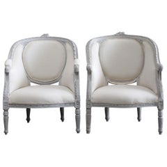 Pair of Painted and Upholstered Vintage French Louis XVI Style Bergère Chairs