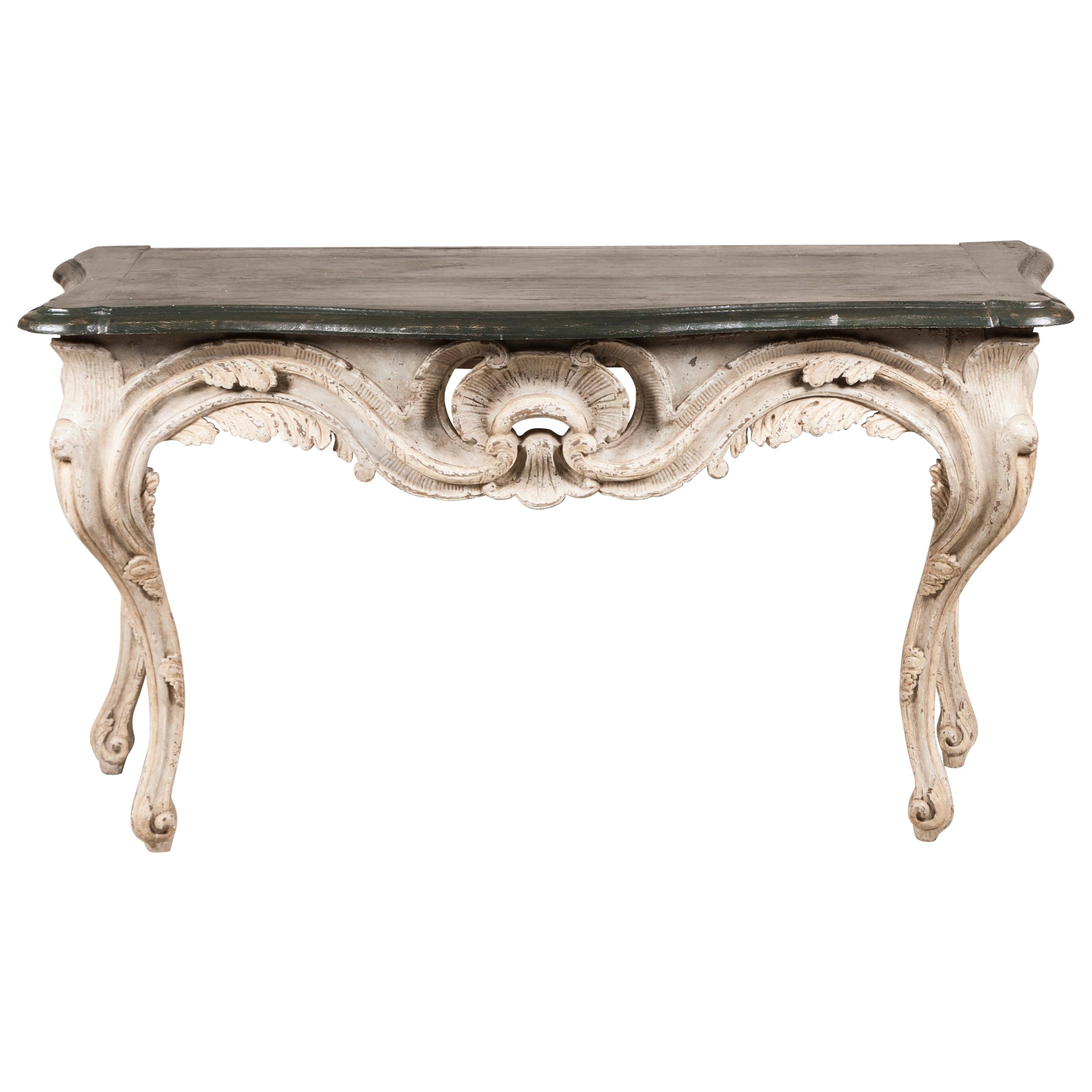 Pair of Painted Baroque Console Tables with Serpentine Tops and Cabriole Legs For Sale