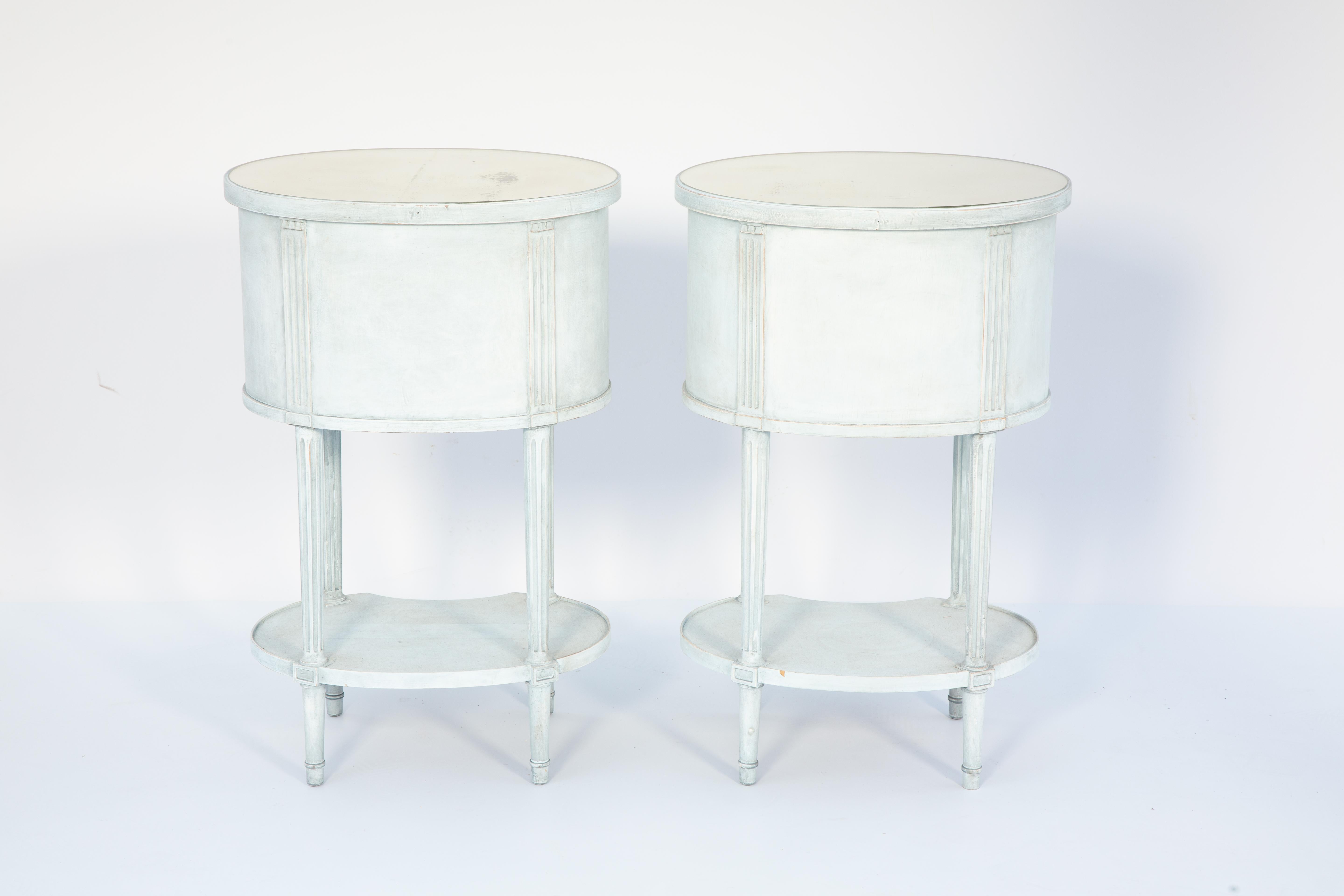 Pair of Painted Bedside Tables with Oval Mirrored Tops For Sale 3