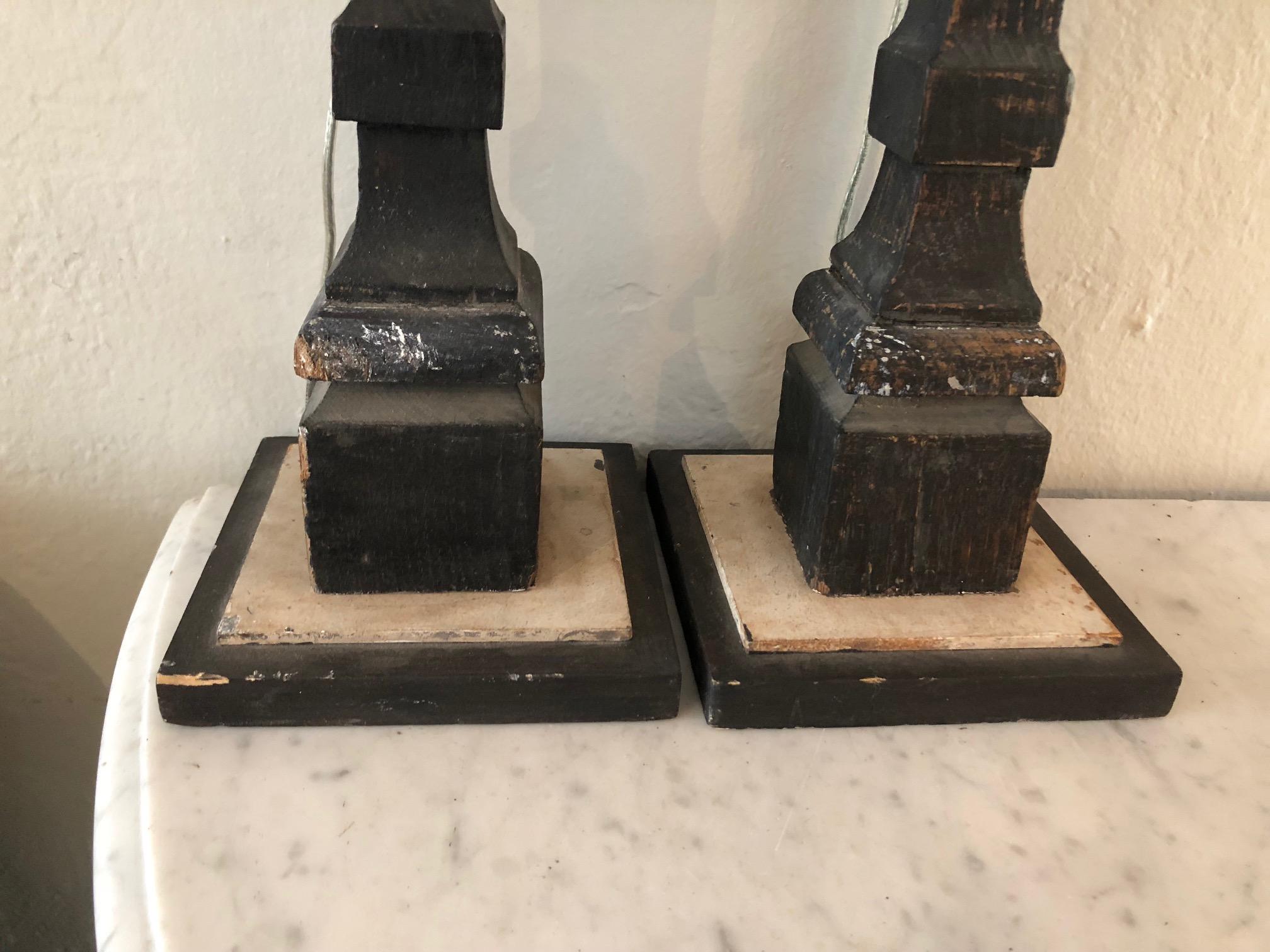 Pair of Painted Black and White Carved Wood Table Lamps 1
