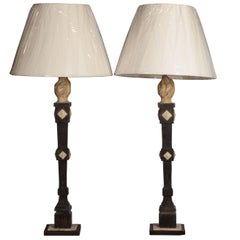 Pair of Painted Black and White Carved Wood Table Lamps