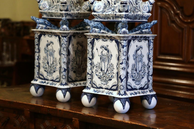 Hand-Crafted Pair of Painted Blue and White Porcelain Maottahedeh Tulip Pagodas 