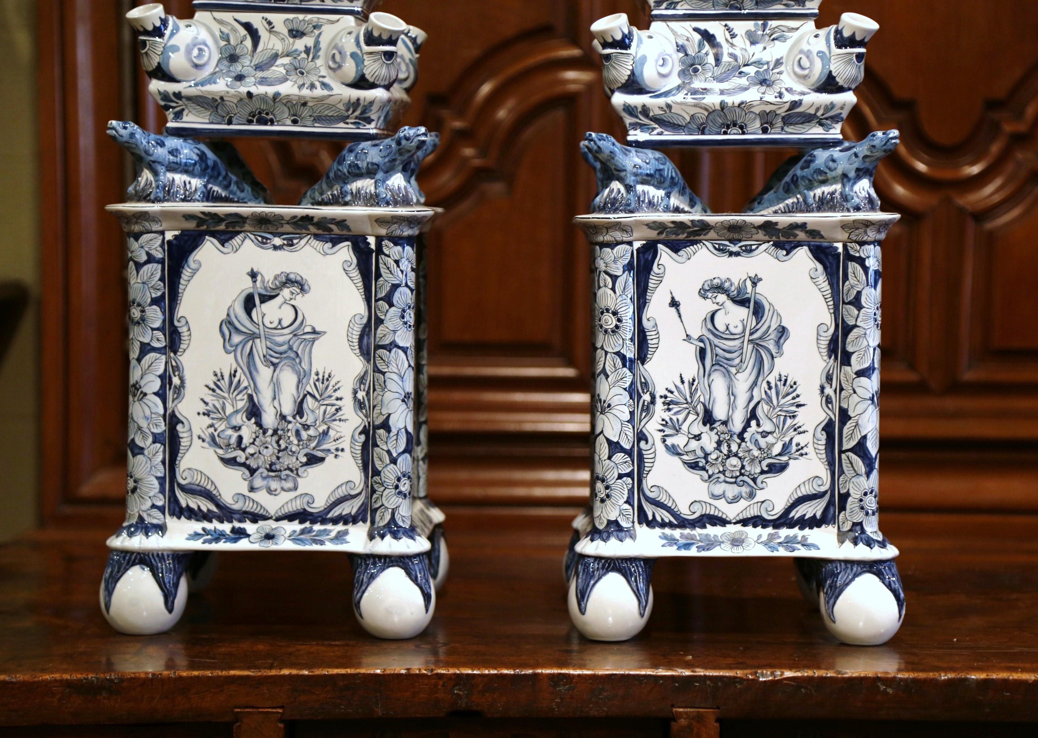 Hand-Crafted Pair of Painted Blue and White Porcelain Maottahedeh Tulip Pagodas 
