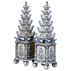 Pair of Painted Blue and White Porcelain Maottahedeh Tulip Pagodas "Tulipieres"